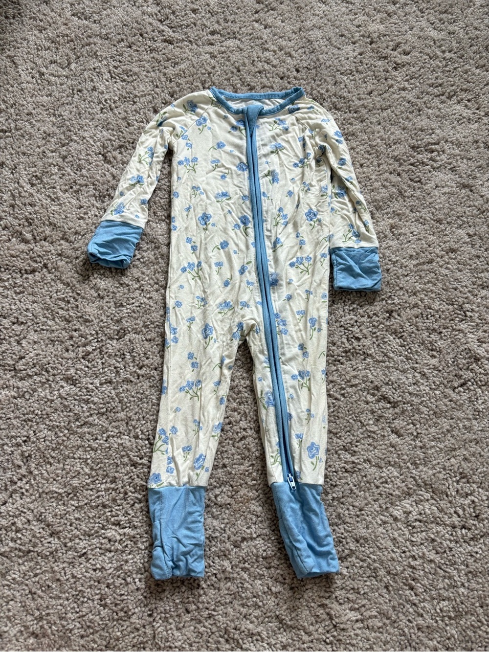 Cream and Blue Floral Kids Zip-Front Footie Pajamas